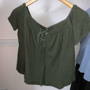 green off the shoulder ae shirt